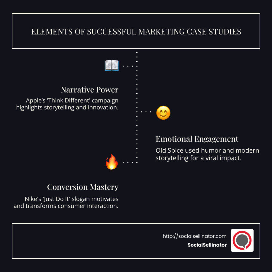 Infographic showing key elements of successful marketing case studies: narrative power, emotional engagement, conversion strategies with well-known examples like Apple and Nike that illustrate these elements - best marketing case studies infographic infographic-line-3-steps-dark