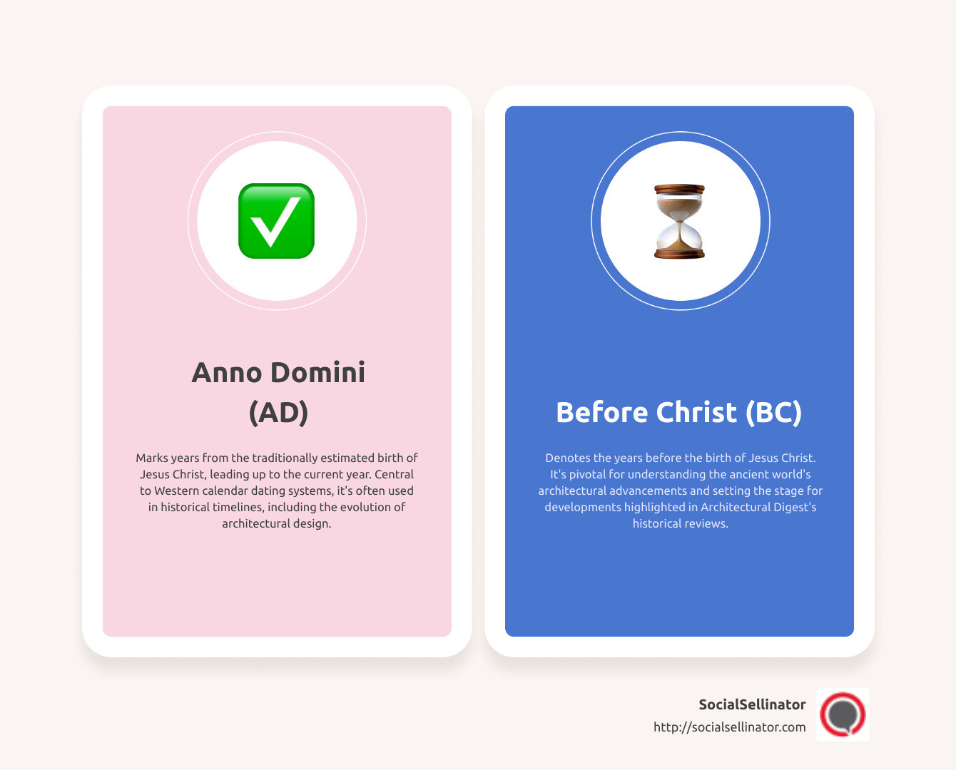Infographic describing how Architectural Digest uses AD and BC eras to document architectural history, illustrating key architectural milestones within these eras and their transition into CE and BCE - ad infographic comparison-2-items-casual