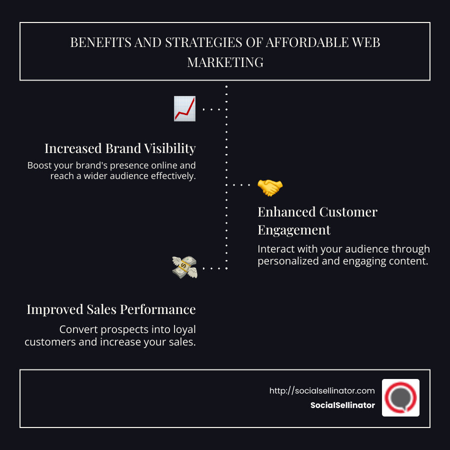 Infographic depicting affordable web marketing benefits and strategies: increased brand visibility, improved customer engagement, and improved sales performance - affordable web marketing services infographic infographic-line-3-steps-dark