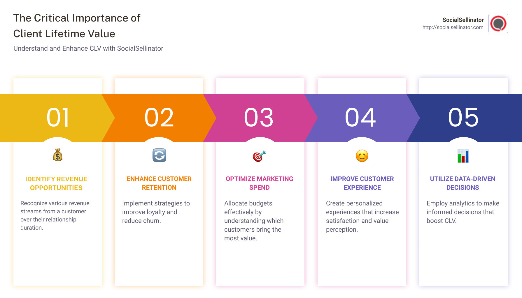 Infographic on the critical importance of Client Lifetime Value in digital marketing strategies - client lifetime value infographic pillar-5-steps
