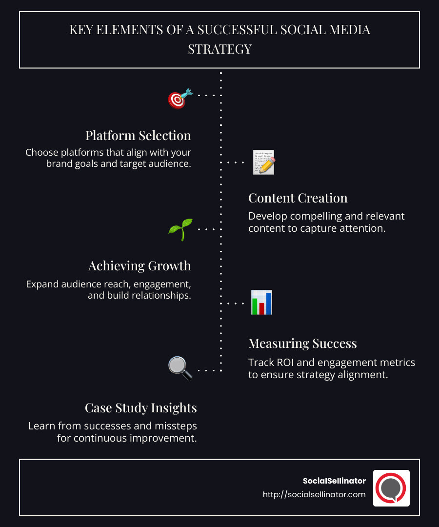 Detailed infographic showing key elements of successful social media strategy case studies, including essential metrics, audience engagement tactics, platform choices, and successful content types - social media strategy case study infographic infographic-line-5-steps-dark