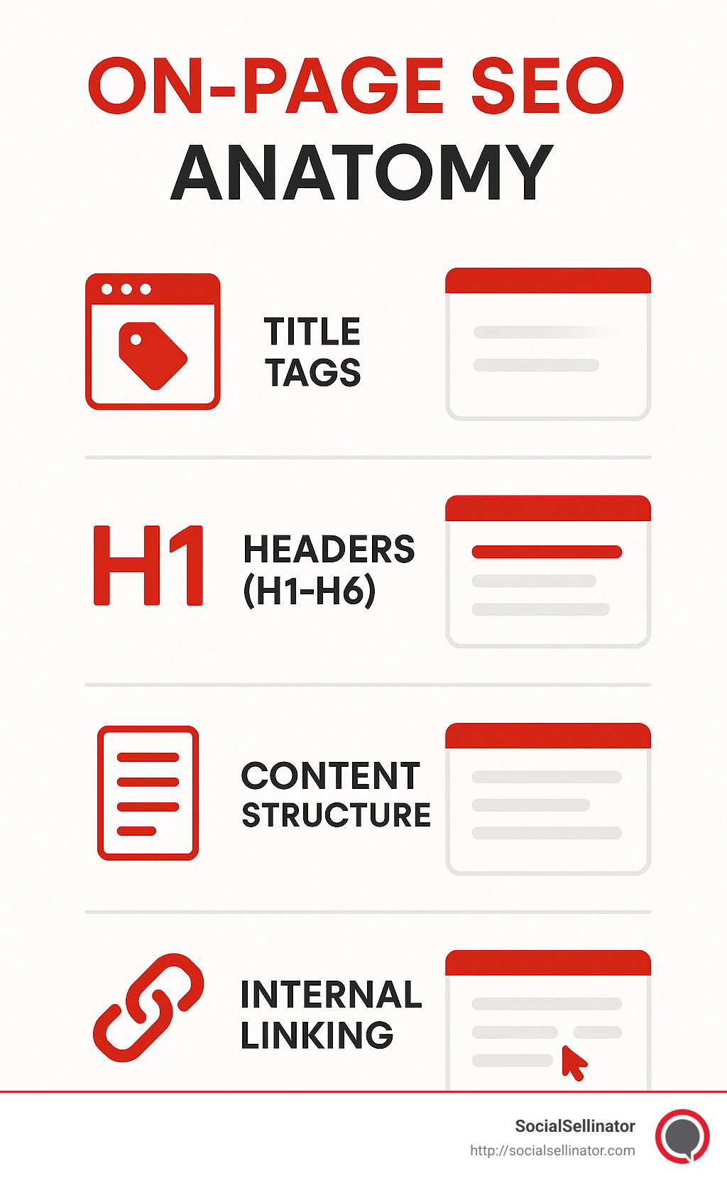 On-page SEO anatomy showing key elements like title tags, headers, content structure, and internal linking - small business seo services infographic 