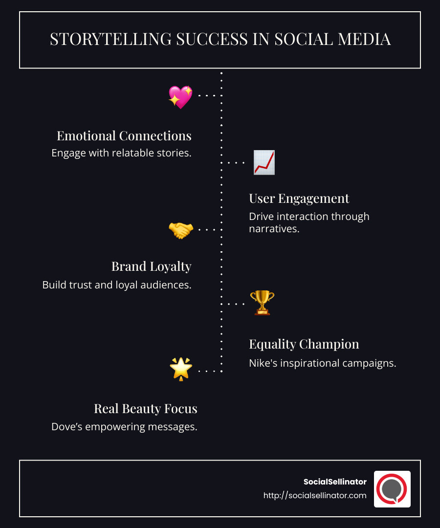 Infographic showcasing brands using storytelling: Nike for equality, Dove for real beauty, Airbnb for travel tales - social media storytelling examples infographic infographic-line-5-steps-dark