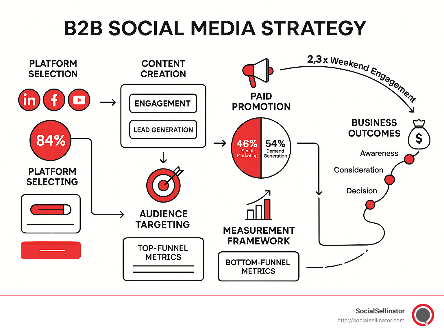 Comprehensive B2B social media strategy framework showing the relationship between platform selection, content creation, audience targeting, paid promotion, measurement, and business outcomes across the buyer journey stages - b2b social strategy infographic 