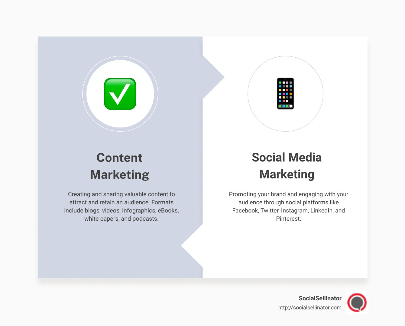 infographic explaining differences between content marketing and social media marketing - content marketing and social media marketing infographic comparison-2-items-formal