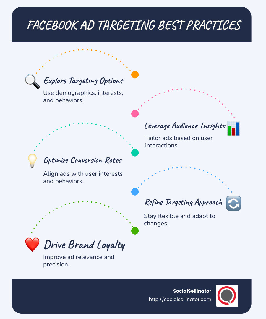 Comprehensive infographic showing Facebook ad targeting strategies, including demographic targeting, interest-based targeting, and behavior-based targeting, with a focus on audience insights and potential conversion rate improvements - Facebook ad targeting best practices infographic infographic-line-5-steps-blues-accent_colors
