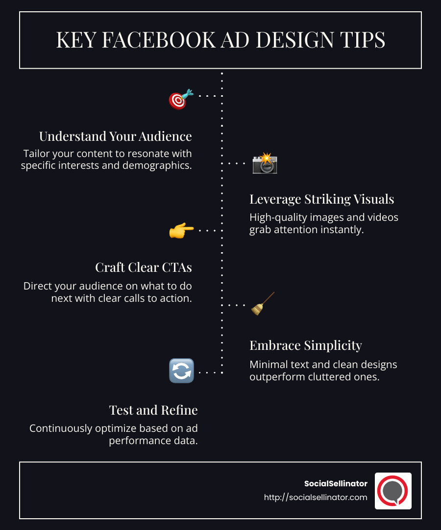 Infographic showcasing key Facebook ad design tips like audience targeting, striking visuals, clear CTA, simplicity, and testing for improved engagement and brand awareness - Facebook ad design tips infographic infographic-line-5-steps-dark